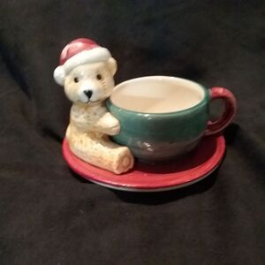 Vintage Santa Bear Cup Saucer Figurine 1 Piece Christmas Sherwood Brands RI 1